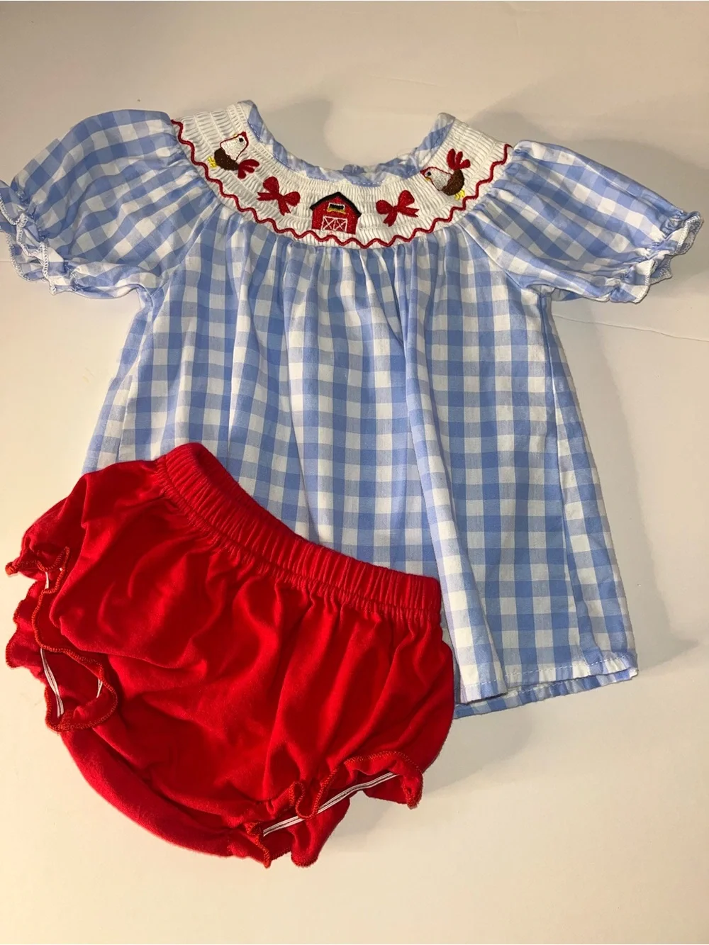 Blue Gingham Smocked Top and Red Bloomers Girls Chicken Red Barn Matching Set